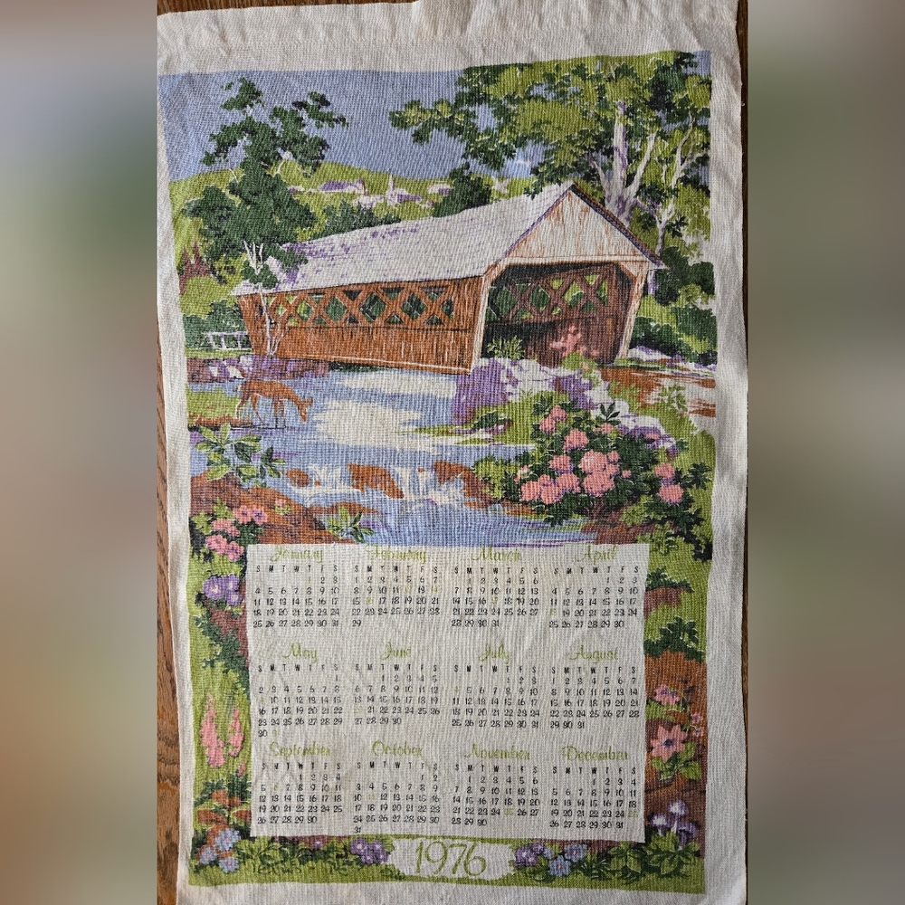 1976 Tea Towel Linen Calendar Wall Hanging Vintage Covered Bridge in Spring